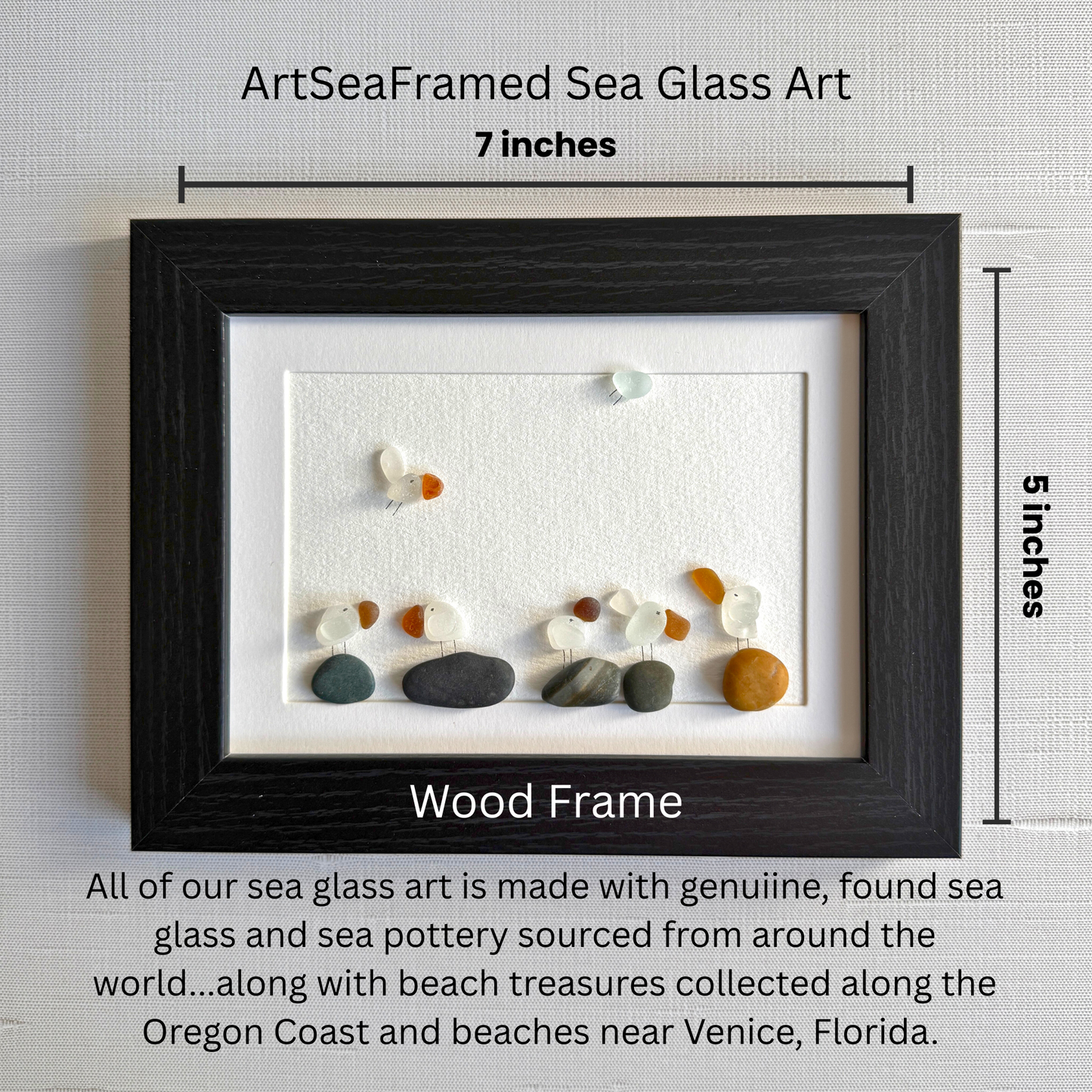 Framed sea glass art with dimensions and description text on a light gray background