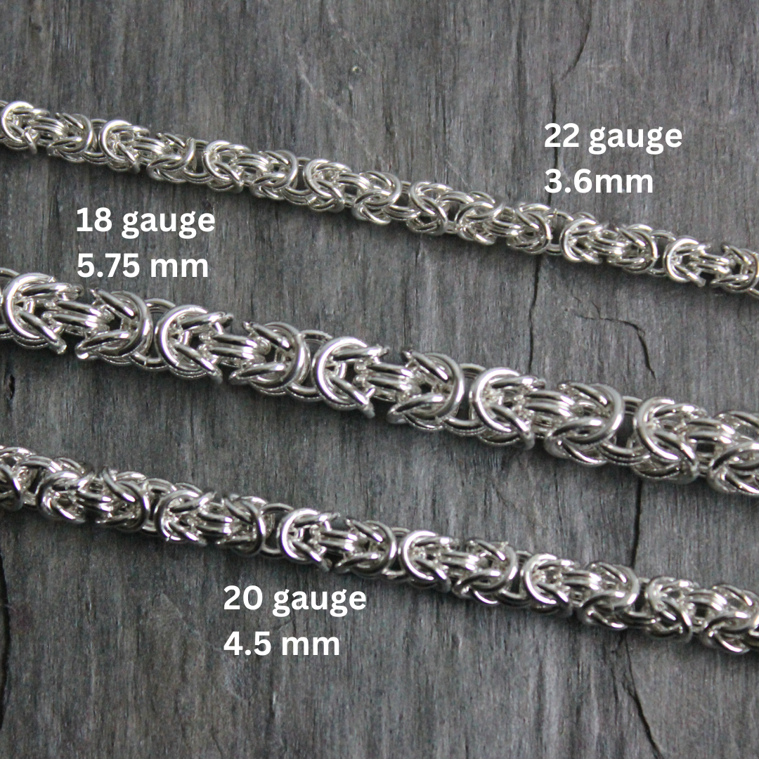 Photo showing 3 variations of Byzantine Chain Thicknesses and Wire Gauge