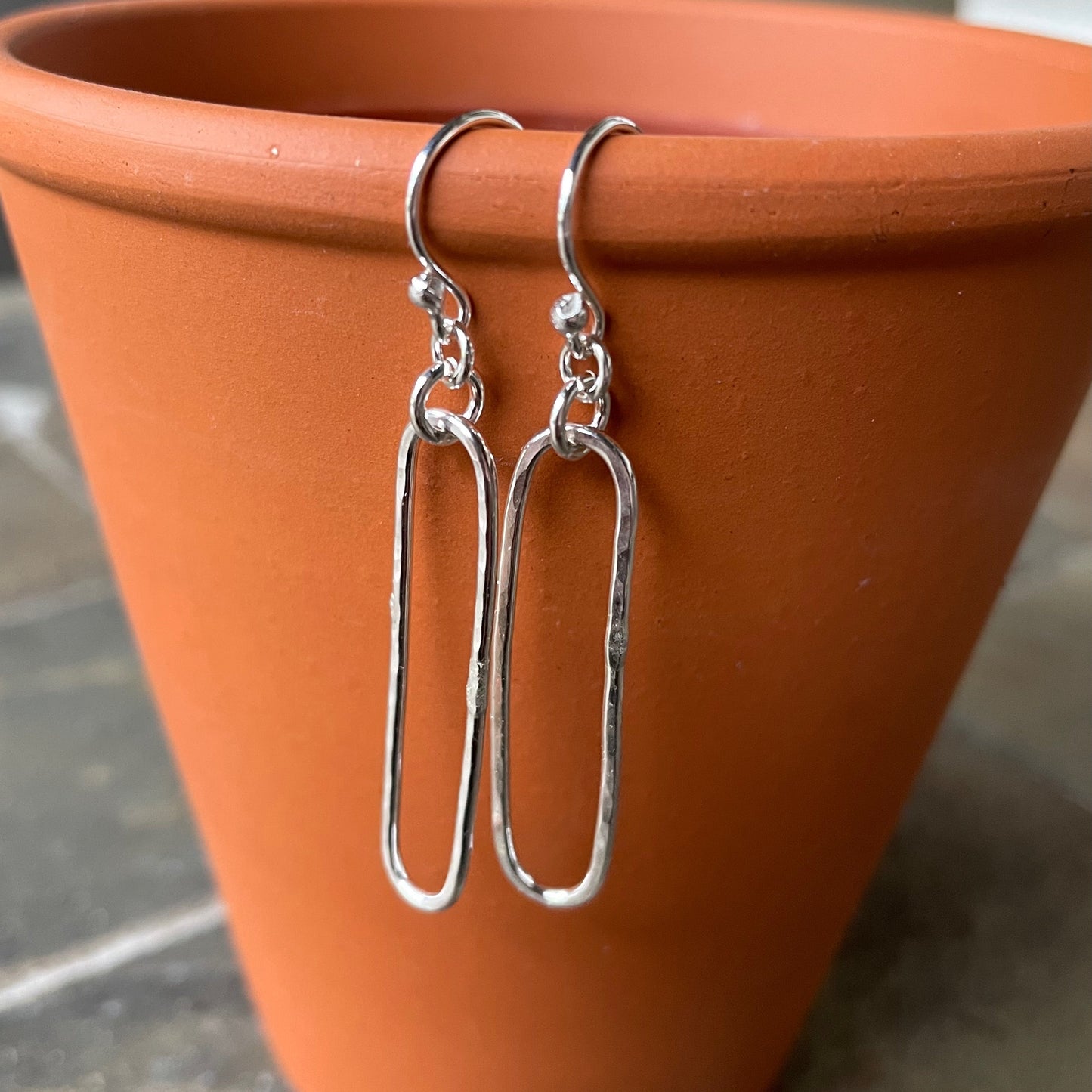 Sterling Silver Rustic Hammered Dangly Oval Earrings