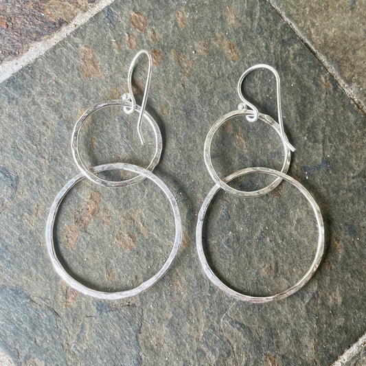 Sterling Silver Rustic Double Circle Dangly Earrings