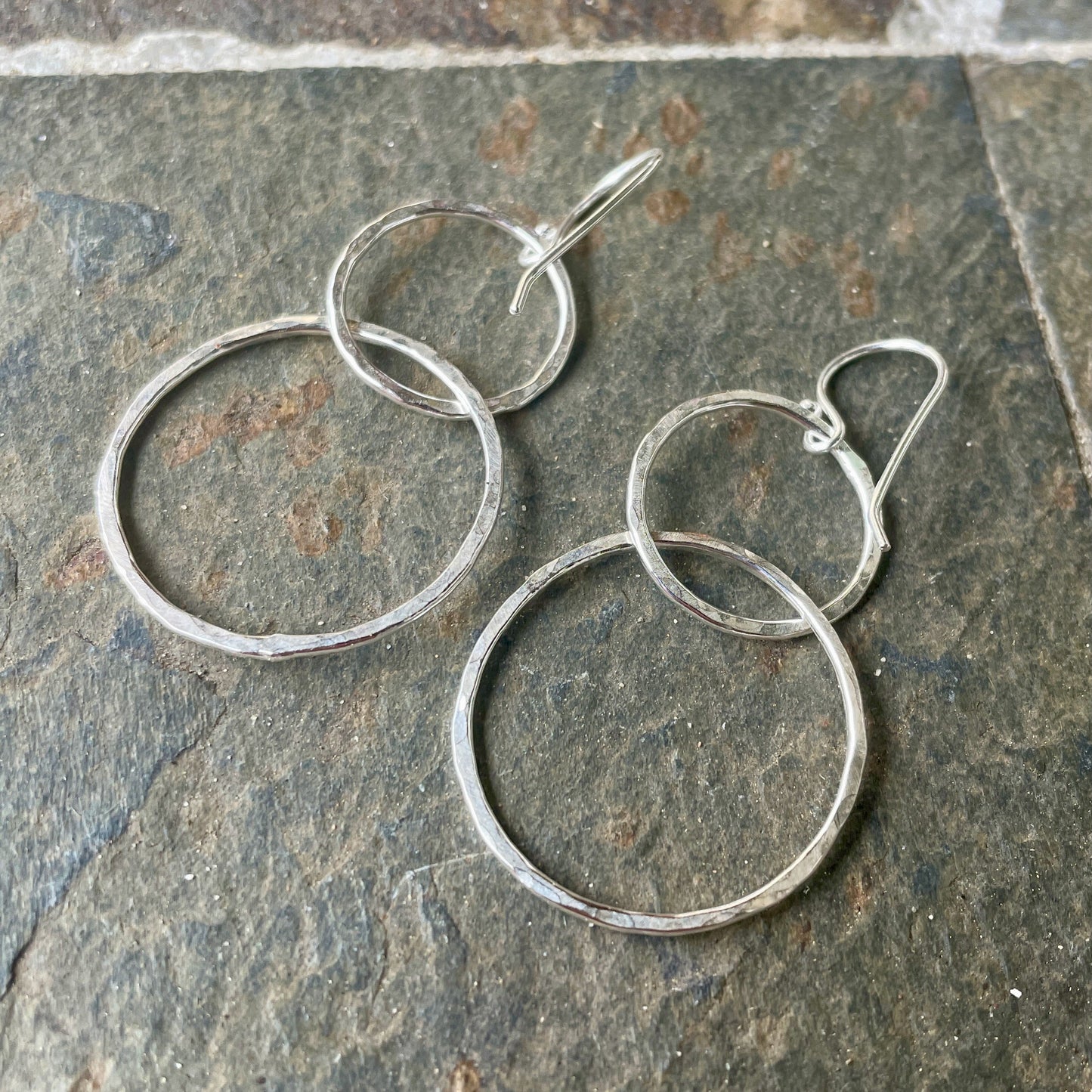 Sterling Silver Rustic Double Circle Dangly Earrings