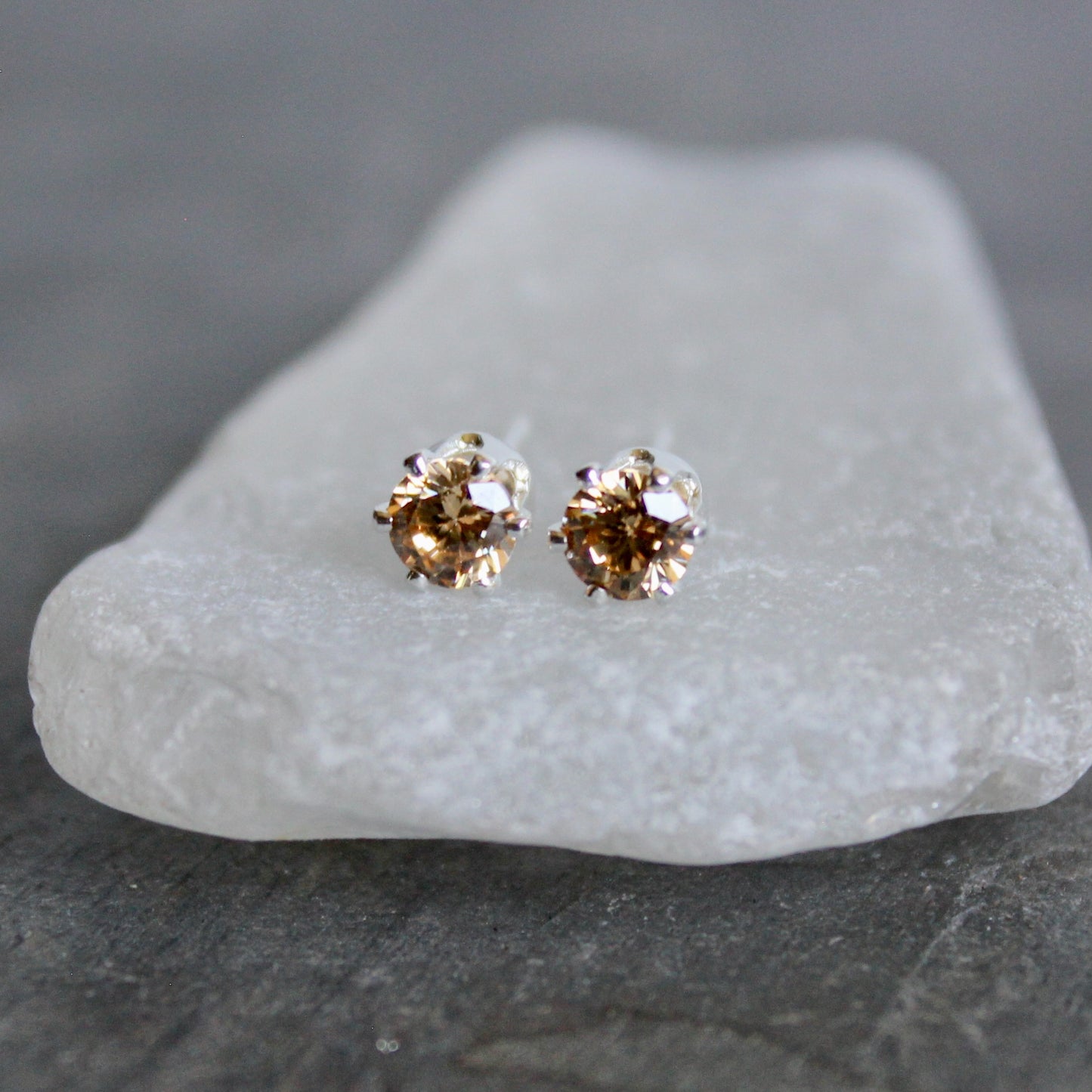 4mm Sterling Silver Champagne CZ Stud Earrings