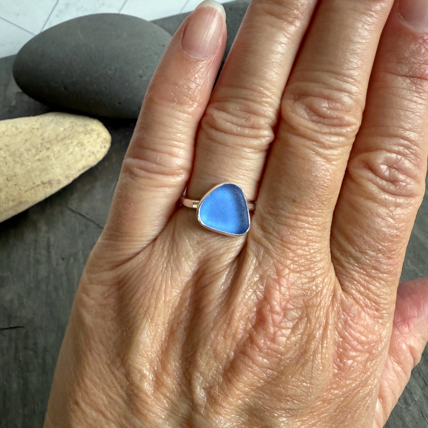Dainty Cornflower Blue Sea Glass Ring