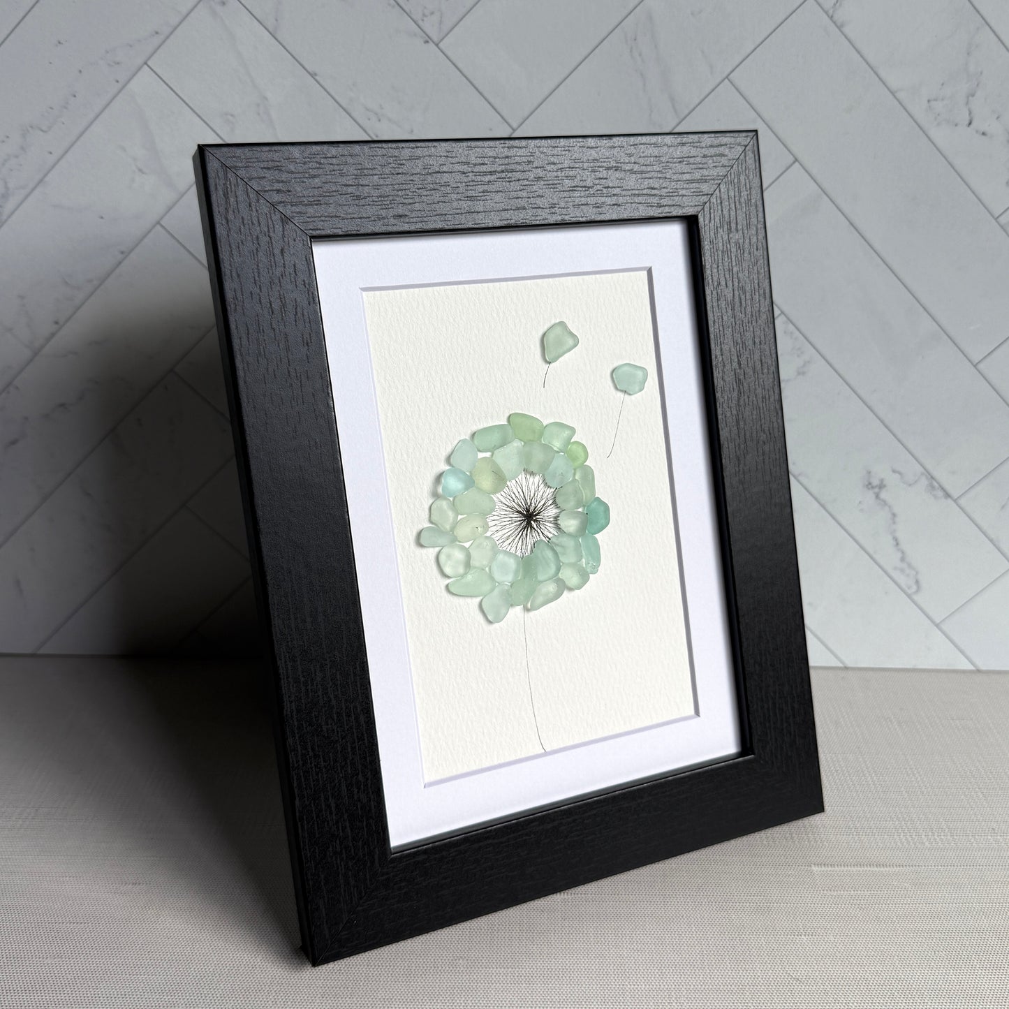 Dandelion Motif Sea Glass Art | Framed 5x7 Wall Art | Handmade Aqua Beach Glass Floral Décor & Gift