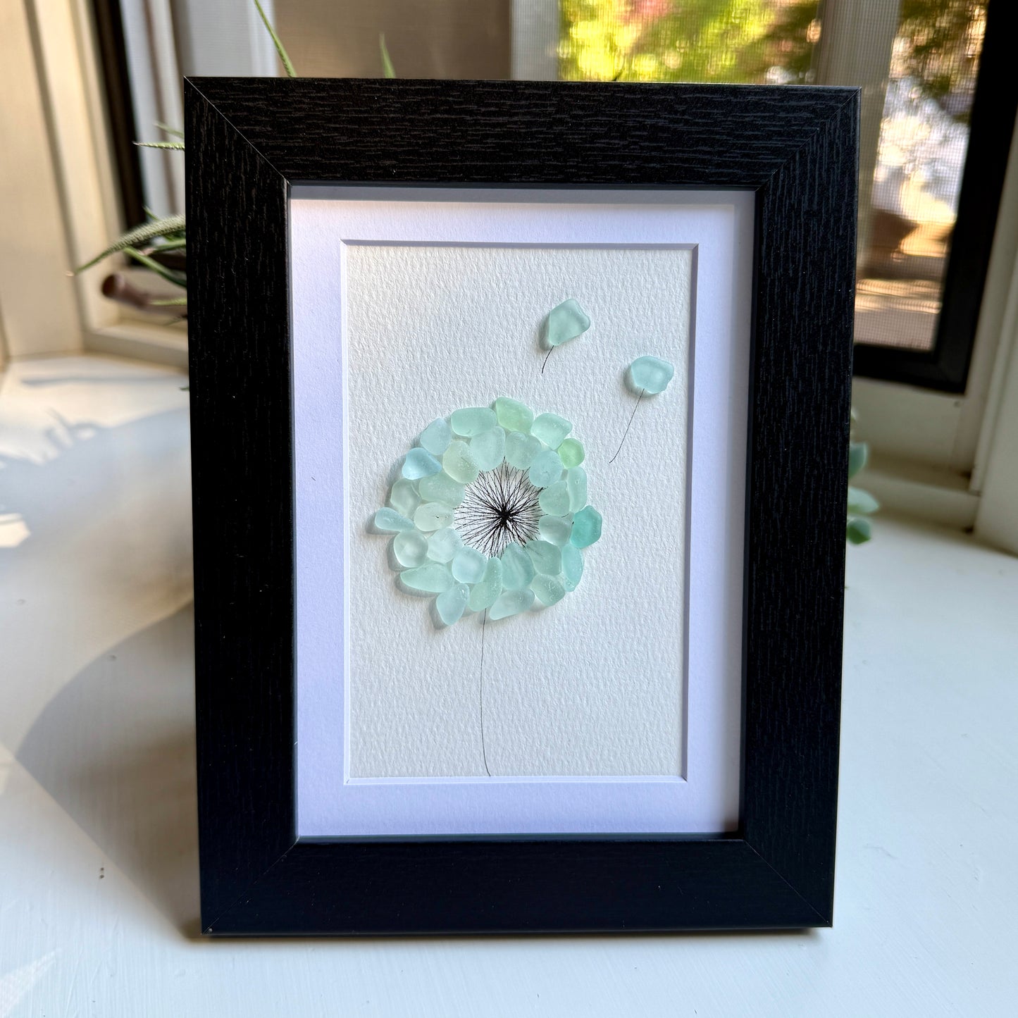 Dandelion Motif Sea Glass Art | Framed 5x7 Wall Art | Handmade Aqua Beach Glass Floral Décor & Gift