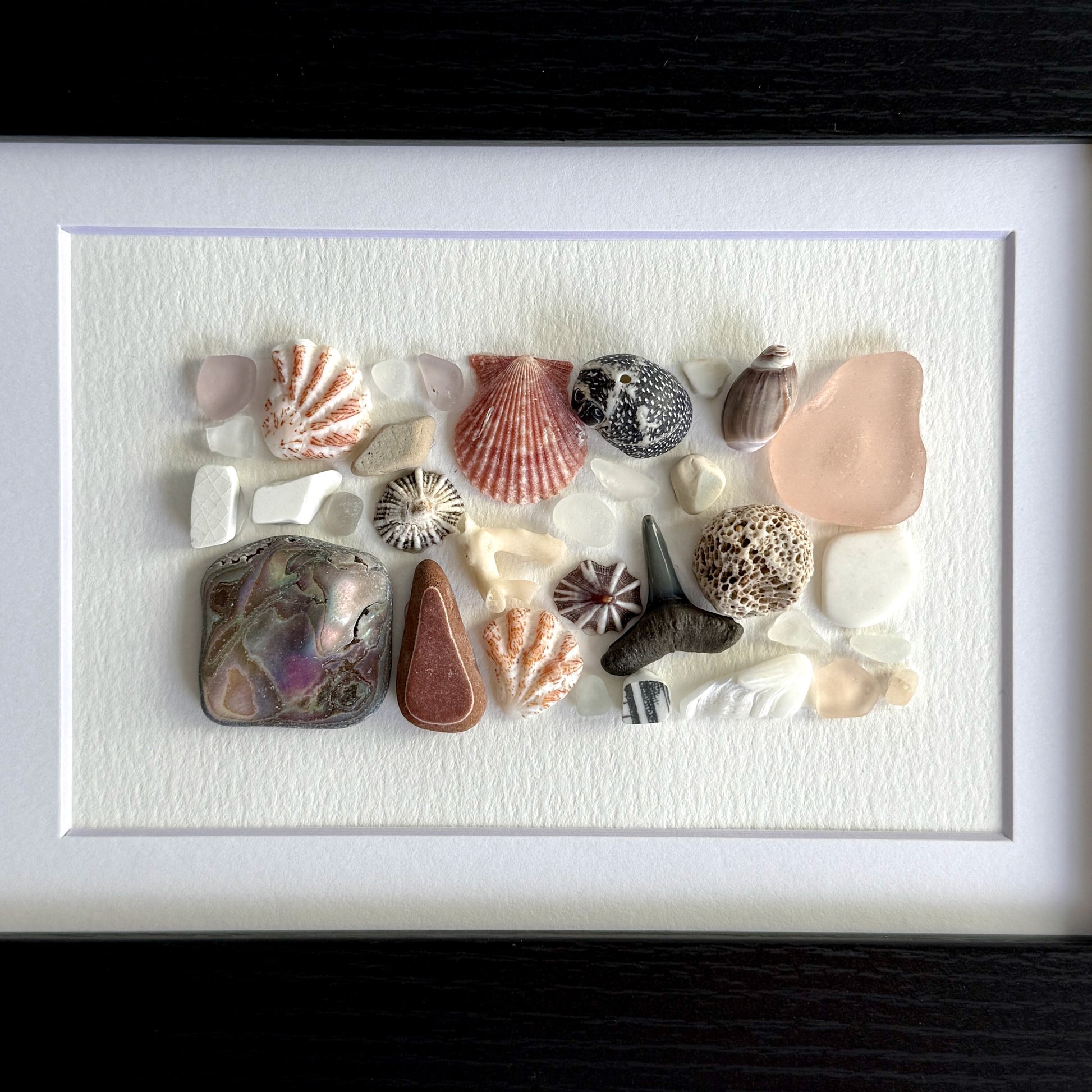 Framed artwork with sea glass and shells on a white background