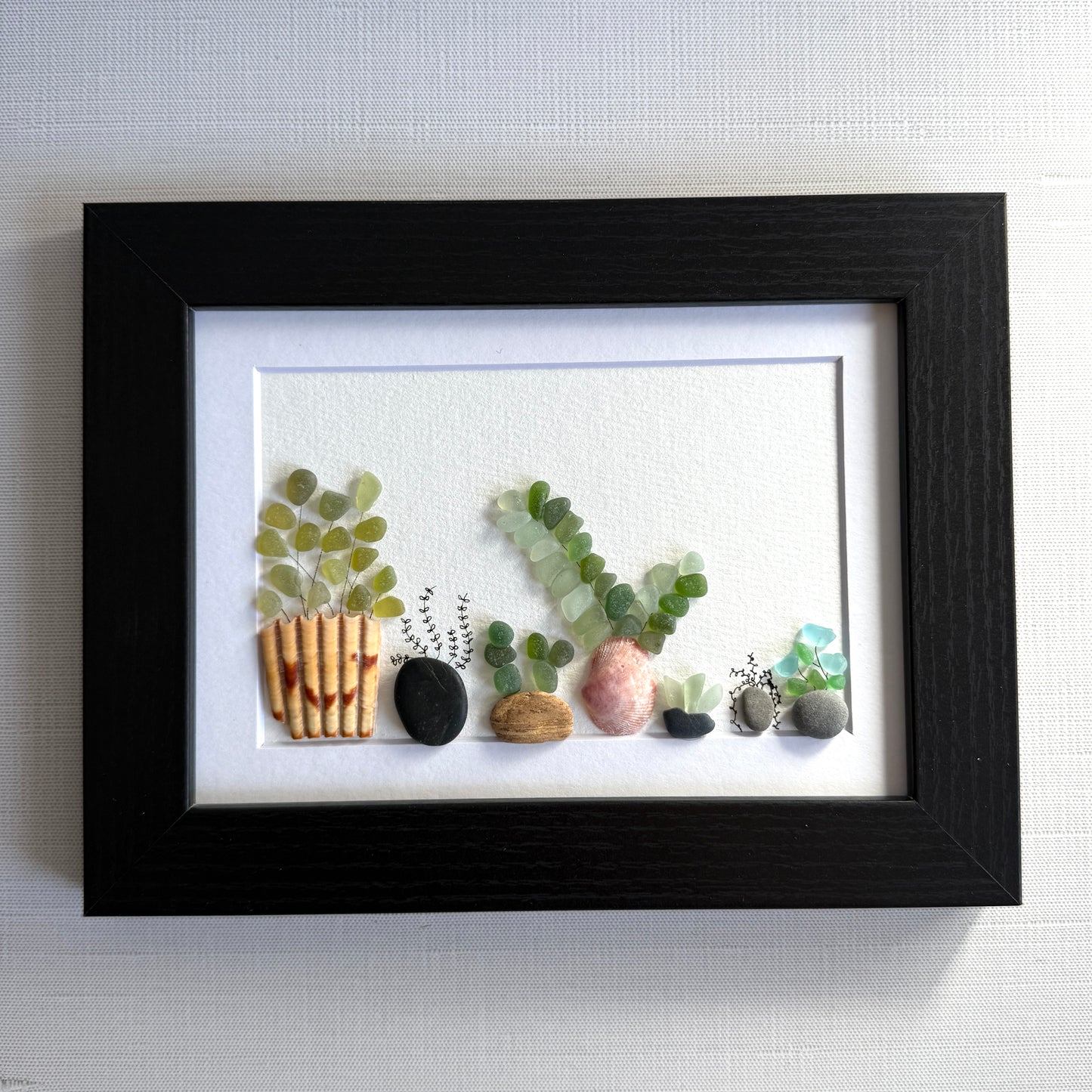 Succulent Sea Glass Art – 5x7 Framed Botanical Wall Decor | Handmade Coastal Plant Gift