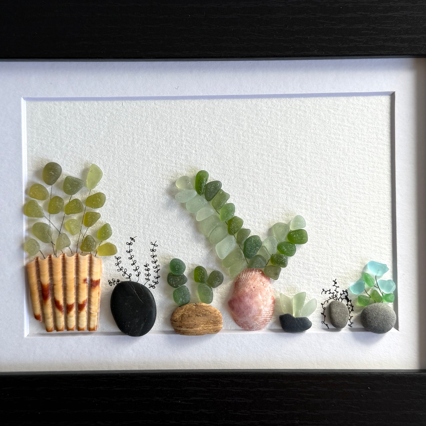 Succulent Sea Glass Art – 5x7 Framed Botanical Wall Decor | Handmade Coastal Plant Gift