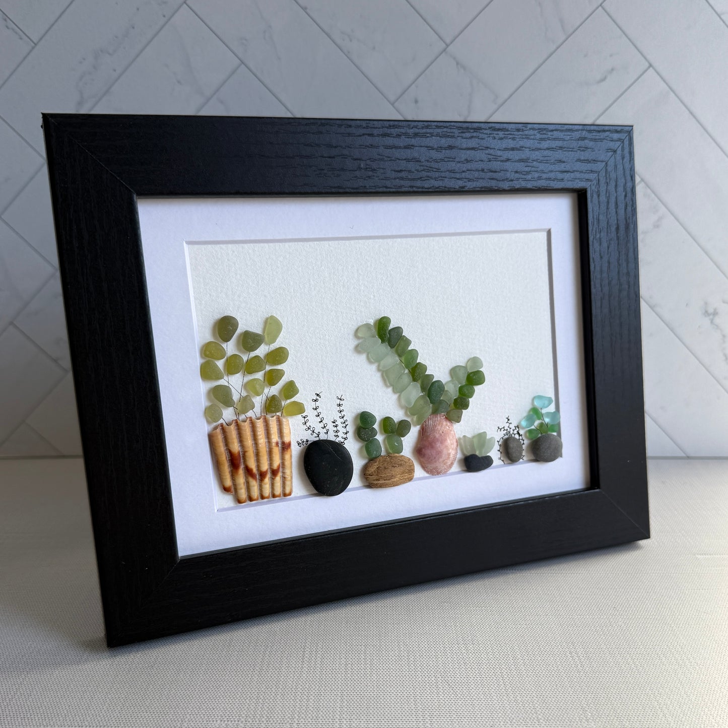 Succulent Sea Glass Art – 5x7 Framed Botanical Wall Decor | Handmade Coastal Plant Gift