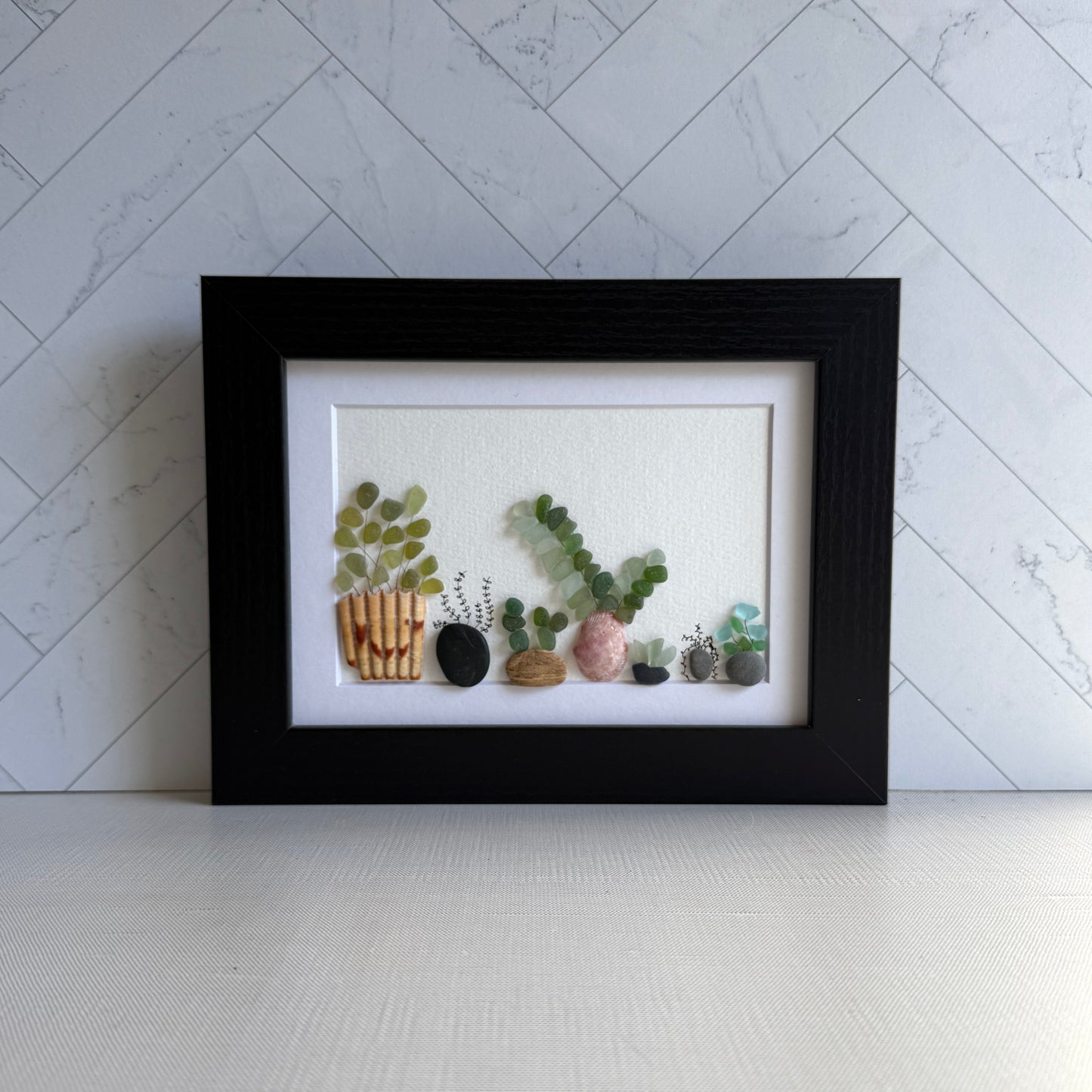 Succulent Sea Glass Art – 5x7 Framed Botanical Wall Decor | Handmade Coastal Plant Gift