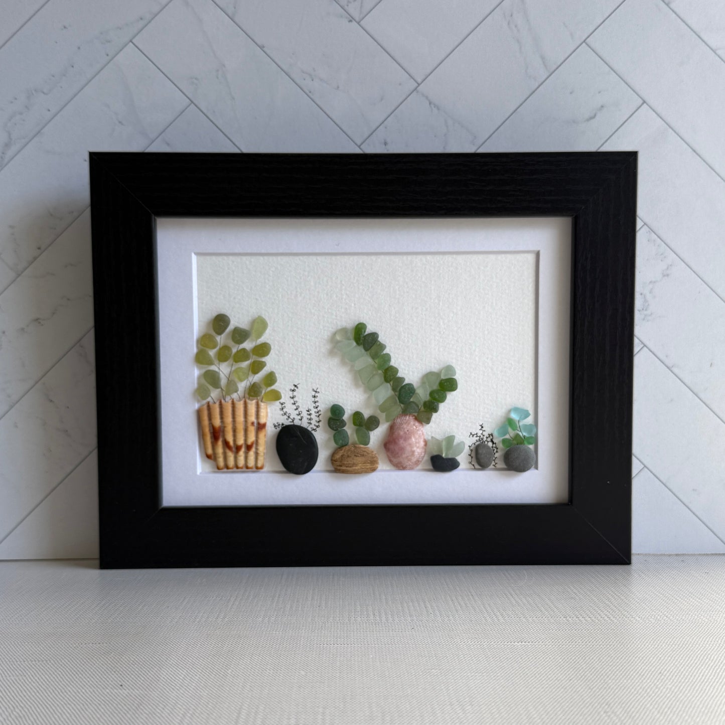 Succulent Sea Glass Art – 5x7 Framed Botanical Wall Decor | Handmade Coastal Plant Gift