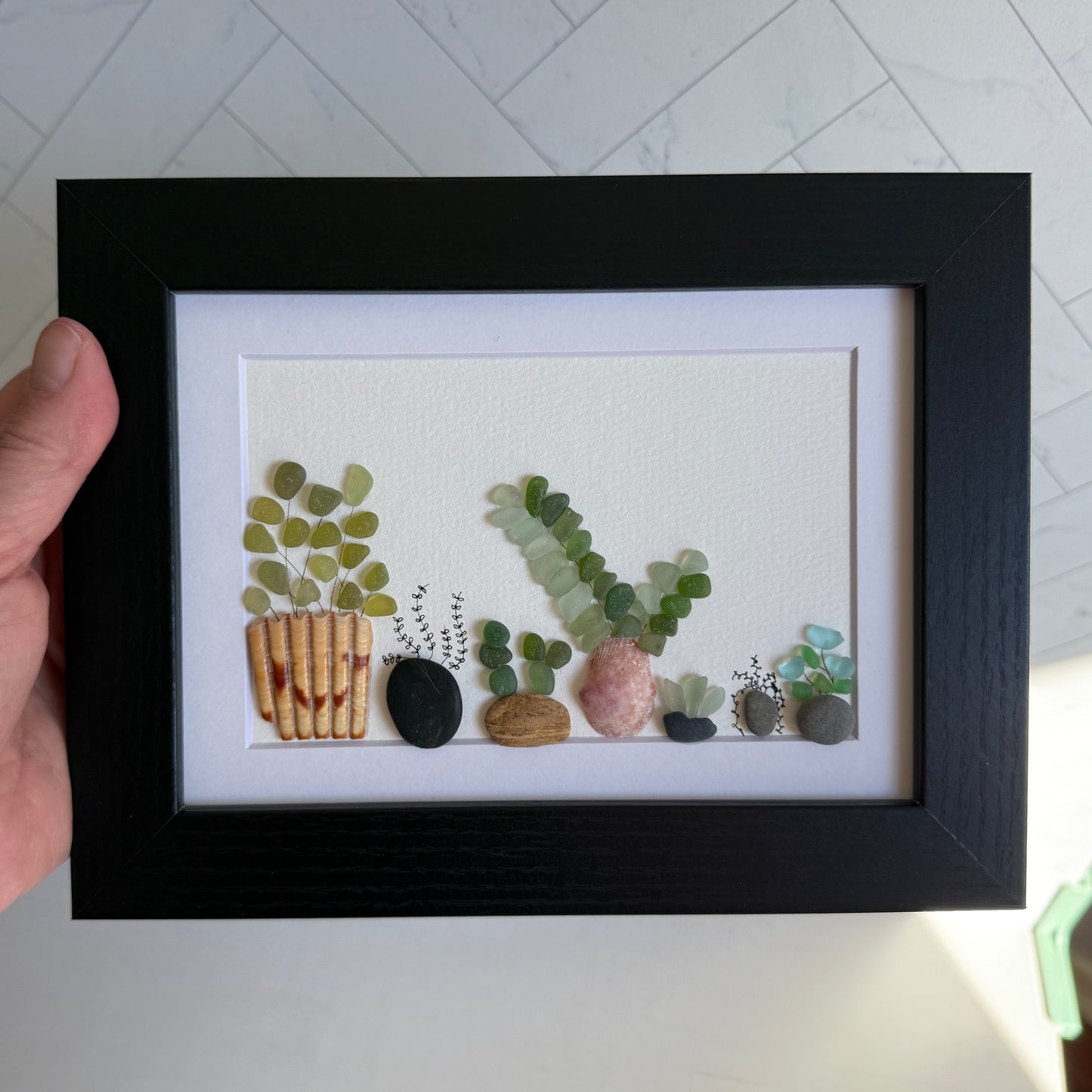 Succulent Sea Glass Art – 5x7 Framed Botanical Wall Decor | Handmade Coastal Plant Gift