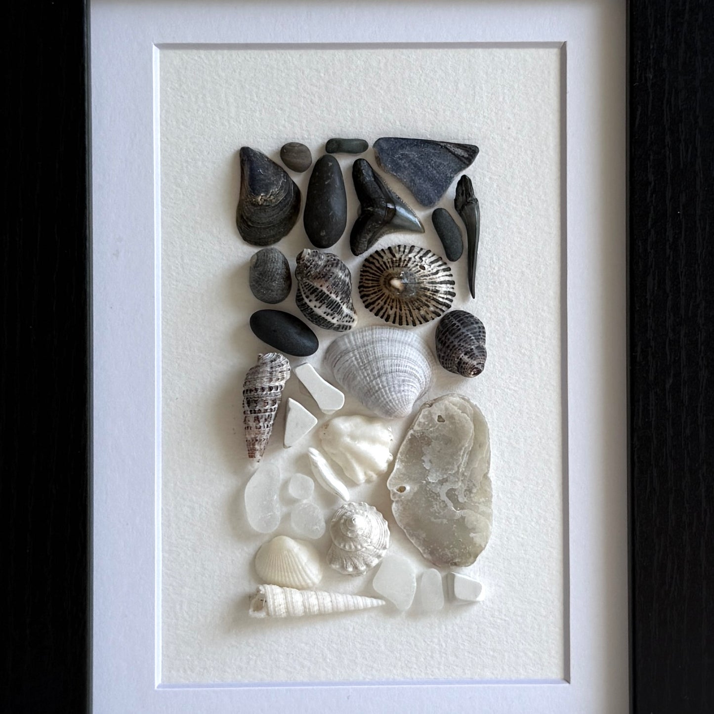 Framed artwork of pebbles, shells and sea glass on a white background