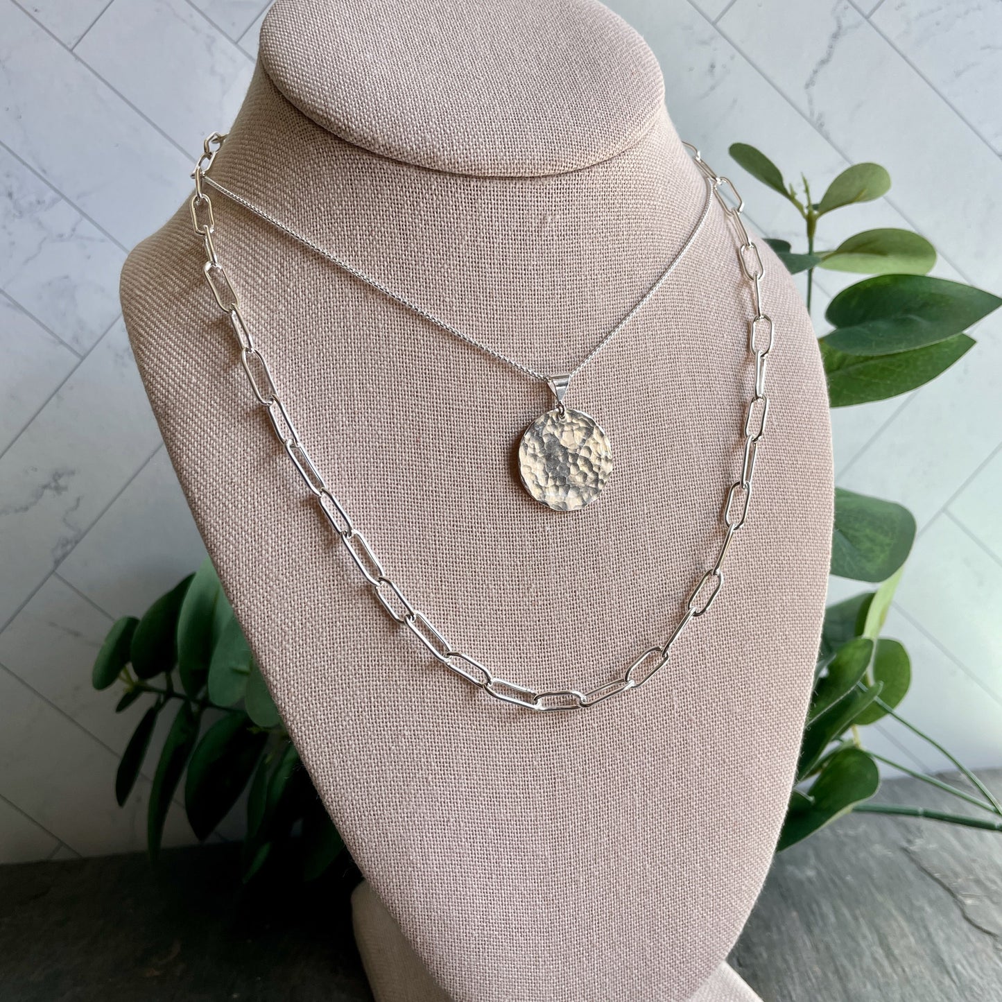 Sterling Silver Small Hammered Disc Necklace