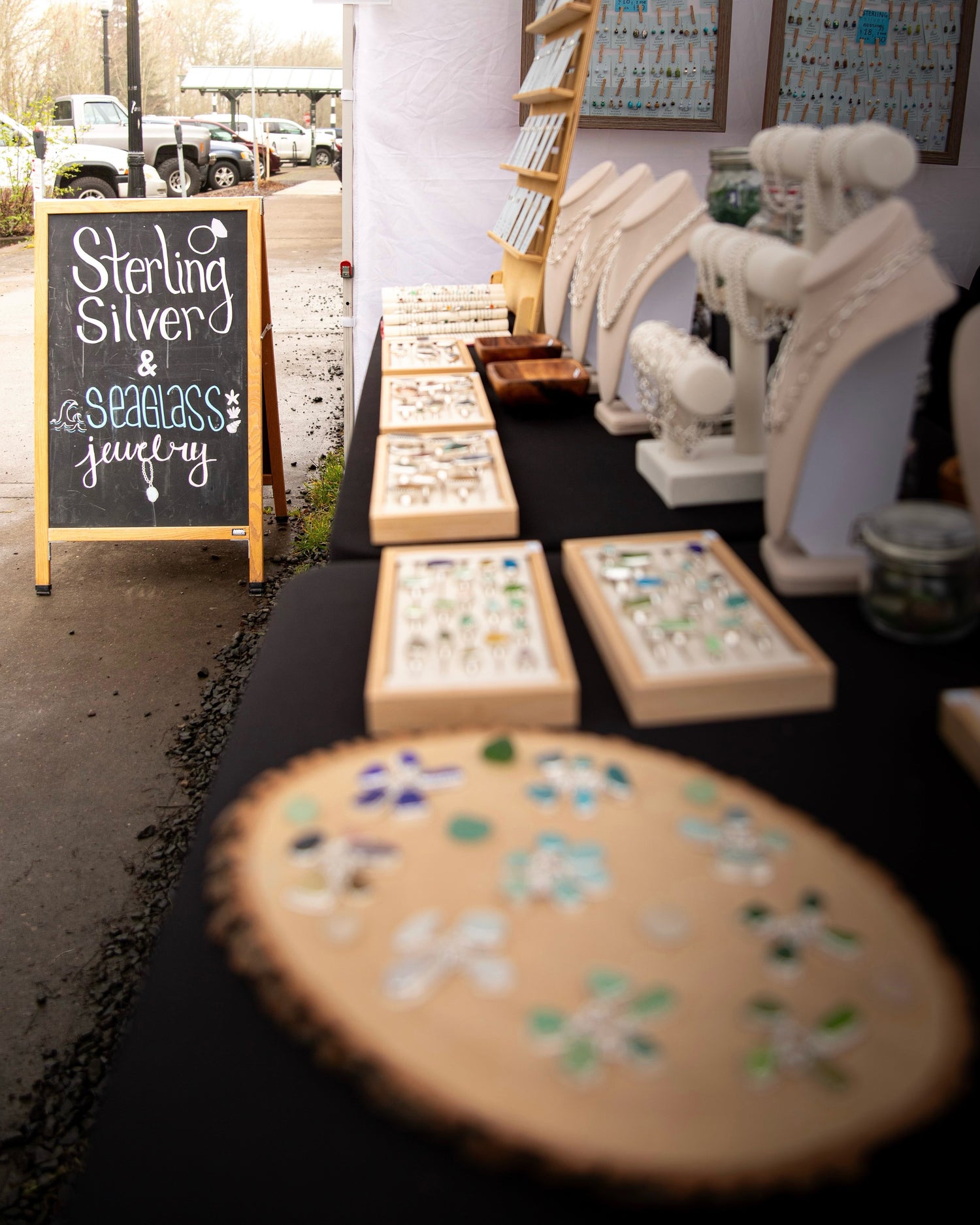This is a view of part of our jewelry display at the Corvallis, OR Saturday market where we sell our handmade jewelry.