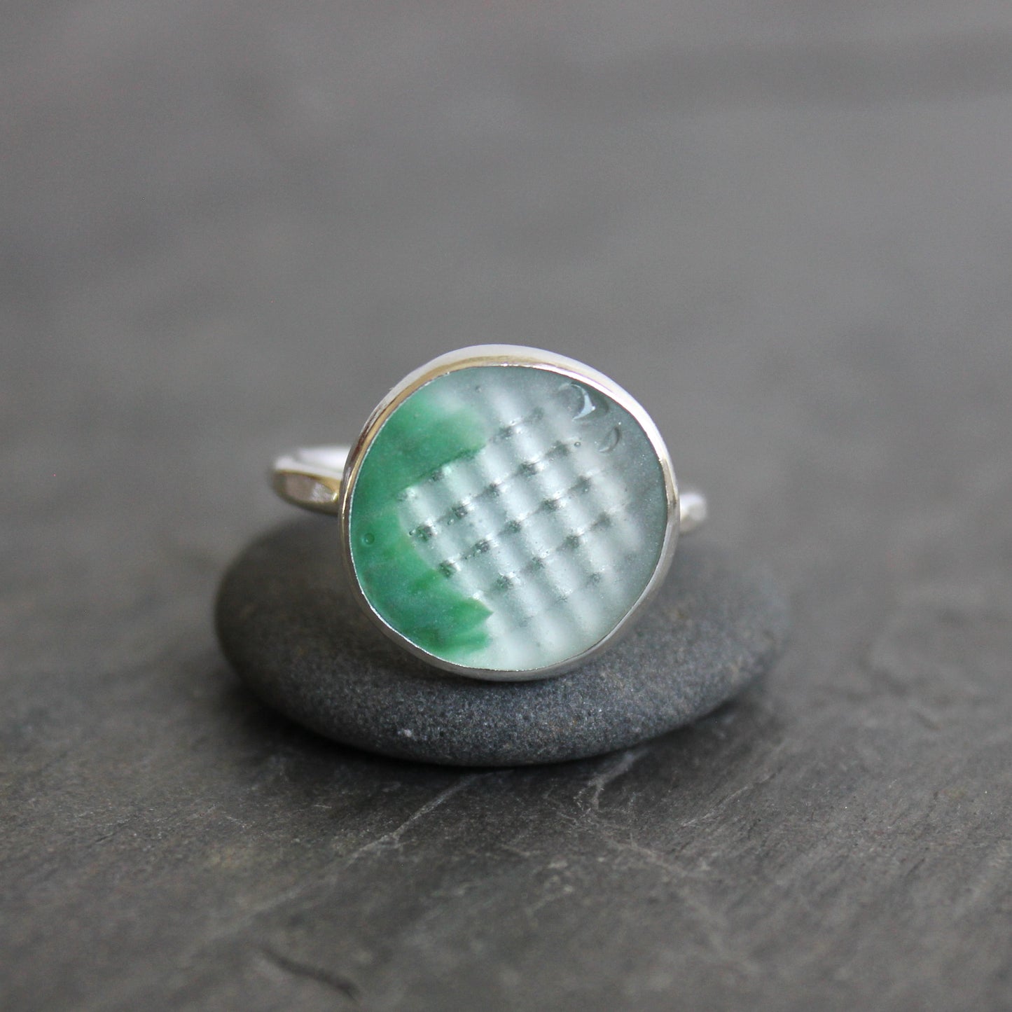 Green Japanese Sea Glass Ohajiki Marble Ring | Sterling Silver | Size 7 ¾