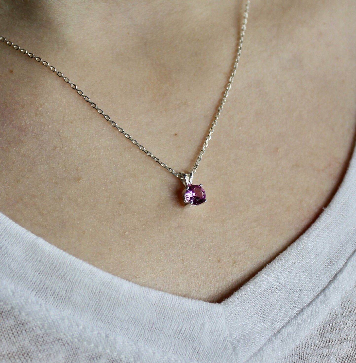 Pink Tourmaline Necklace, October Birthstone Pendant, Cute Birthday Gift for Teen or Friend, Sterling Silver 6mm Round Pink Gemstone Pendant