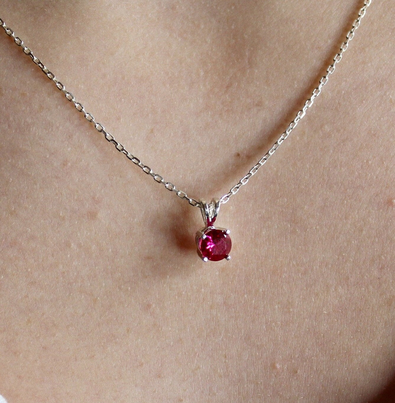 Ruby Necklace - July Birthstone - Hot Pink Gemstone Necklace - Birthday Gift - Sterling Silver 6mm Round Lab Created Ruby Pendant