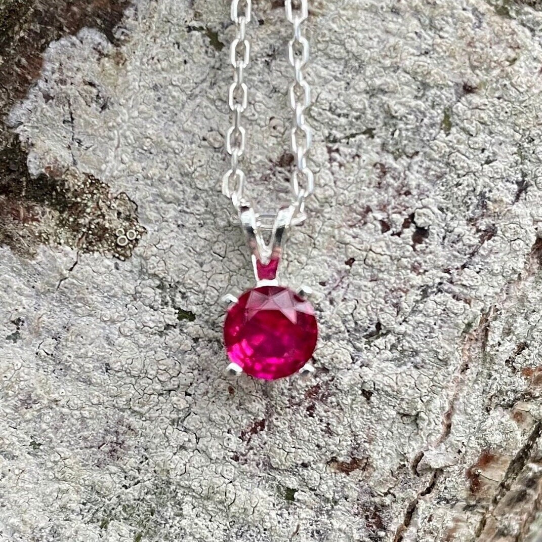 Ruby Necklace - July Birthstone - Hot Pink Gemstone Necklace - Birthday Gift - Sterling Silver 6mm Round Lab Created Ruby Pendant