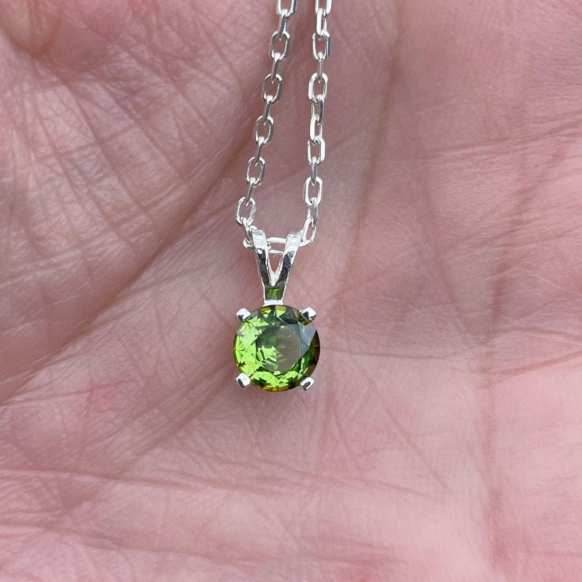 Peridot Necklace, August Birthstone Pendant, Cute Birthday Gift for Friend or Teen Girl, Sterling Silver 6mm Round Olivine Green Necklace
