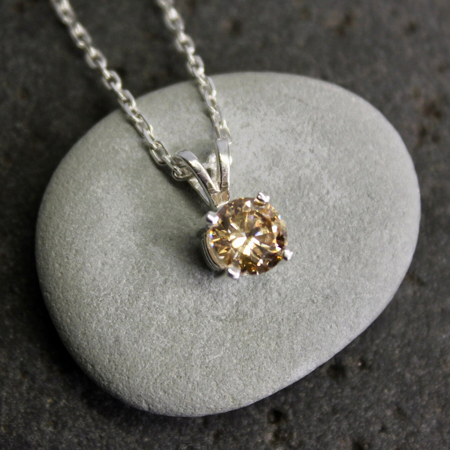 Champagne Cubic Zirconia Necklace, November Birthstone, Sparkly Birthday Gift for Her, Sterling Silver 6mm Round Champagne CZ Pendant