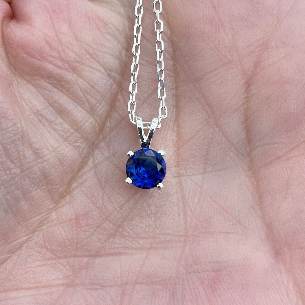 Sapphire Necklace - September Birthstone - Navy Blue Gemstone Necklace - Sterling Silver 6mm Round Lab Created Peridot Pendant