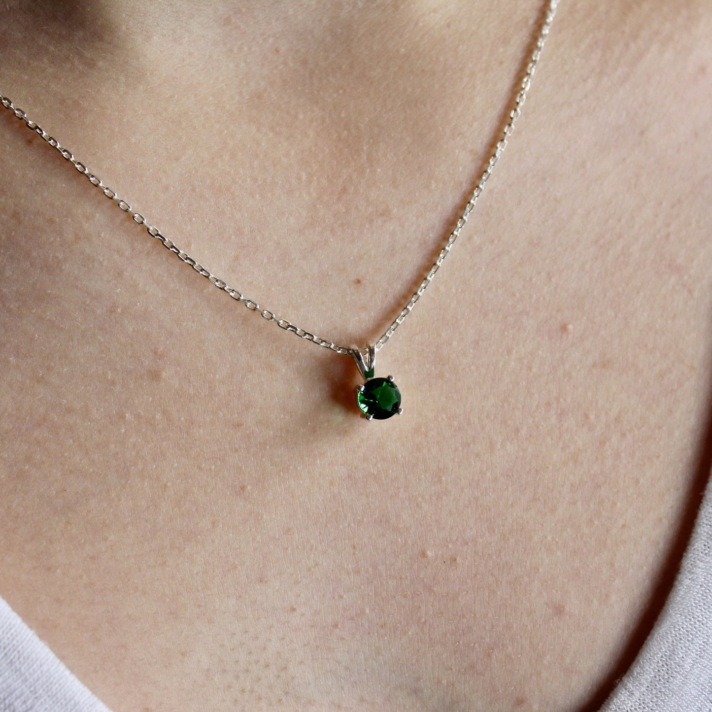 Emerald Necklace, May Birthstone Pendant, Pretty Birthday Gift for Friend or Teen, Sterling Silver 6mm Round Dark Green Gemstone Necklace