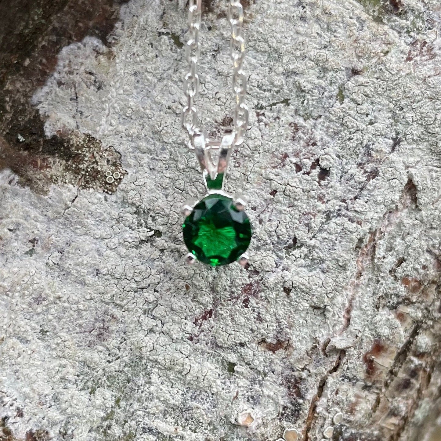 Emerald Necklace, May Birthstone Pendant, Pretty Birthday Gift for Friend or Teen, Sterling Silver 6mm Round Dark Green Gemstone Necklace