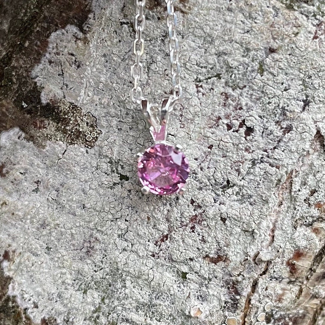 Pink Tourmaline Necklace, October Birthstone Pendant, Cute Birthday Gift for Teen or Friend, Sterling Silver 6mm Round Pink Gemstone Pendant