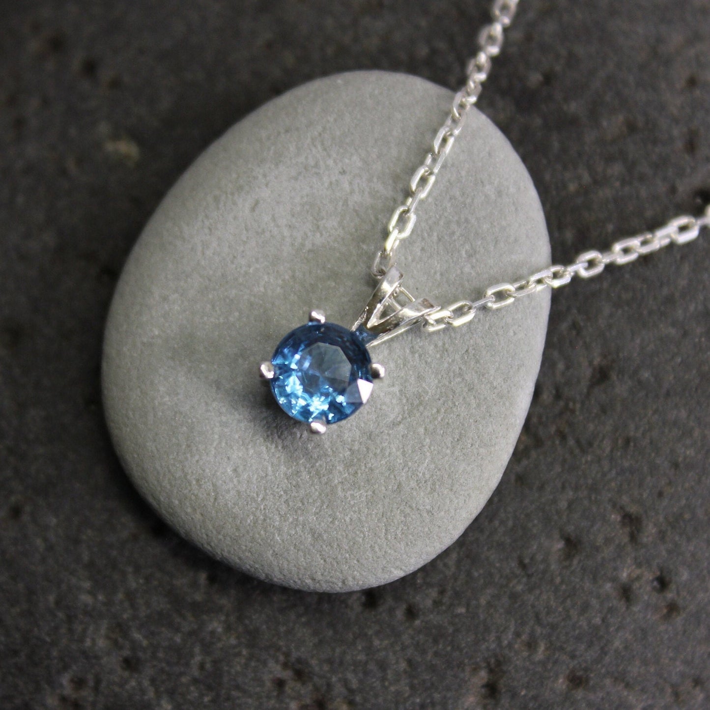 Blue Zircon Necklace, December Birthstone Pendant, Cute Birthday Gift for Teen or Friend, Sterling Silver 6mm Round Blue Gemstone Pendant