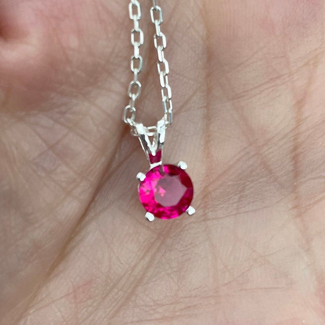 Ruby Necklace - July Birthstone - Hot Pink Gemstone Necklace - Birthday Gift - Sterling Silver 6mm Round Lab Created Ruby Pendant