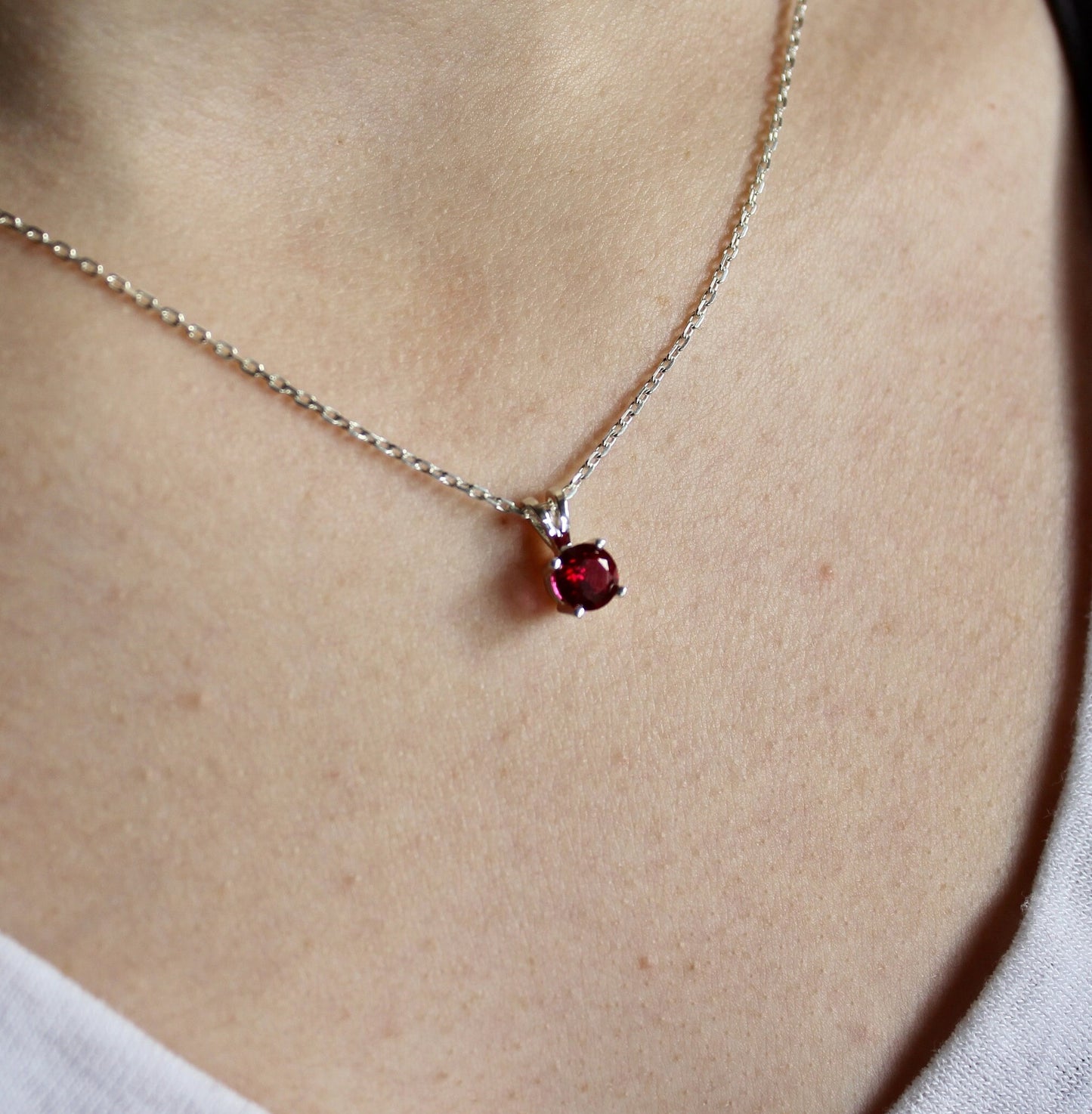 Garnet Necklace, January Birthstone Pendant, Pretty Birthday Gift for Friend or Teen Girl, Sterling Silver 6mm Round Red Gemstone Necklace