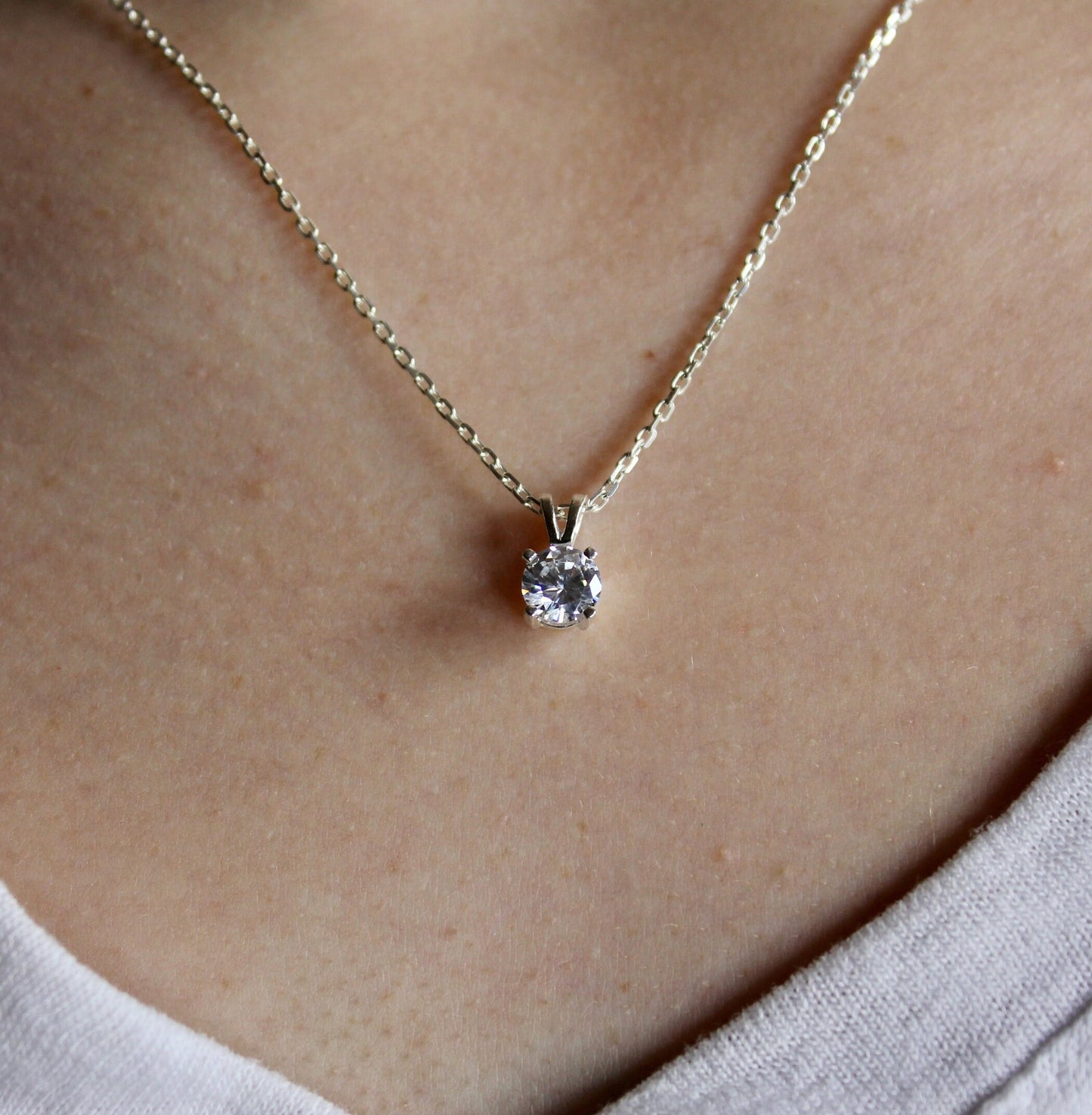 Cubic Zirconia Necklace - April Birthstone - Crystal Clear Gemstone Necklace - Sterling Silver 6mm Round Cubic Zirconia CZ Pendant