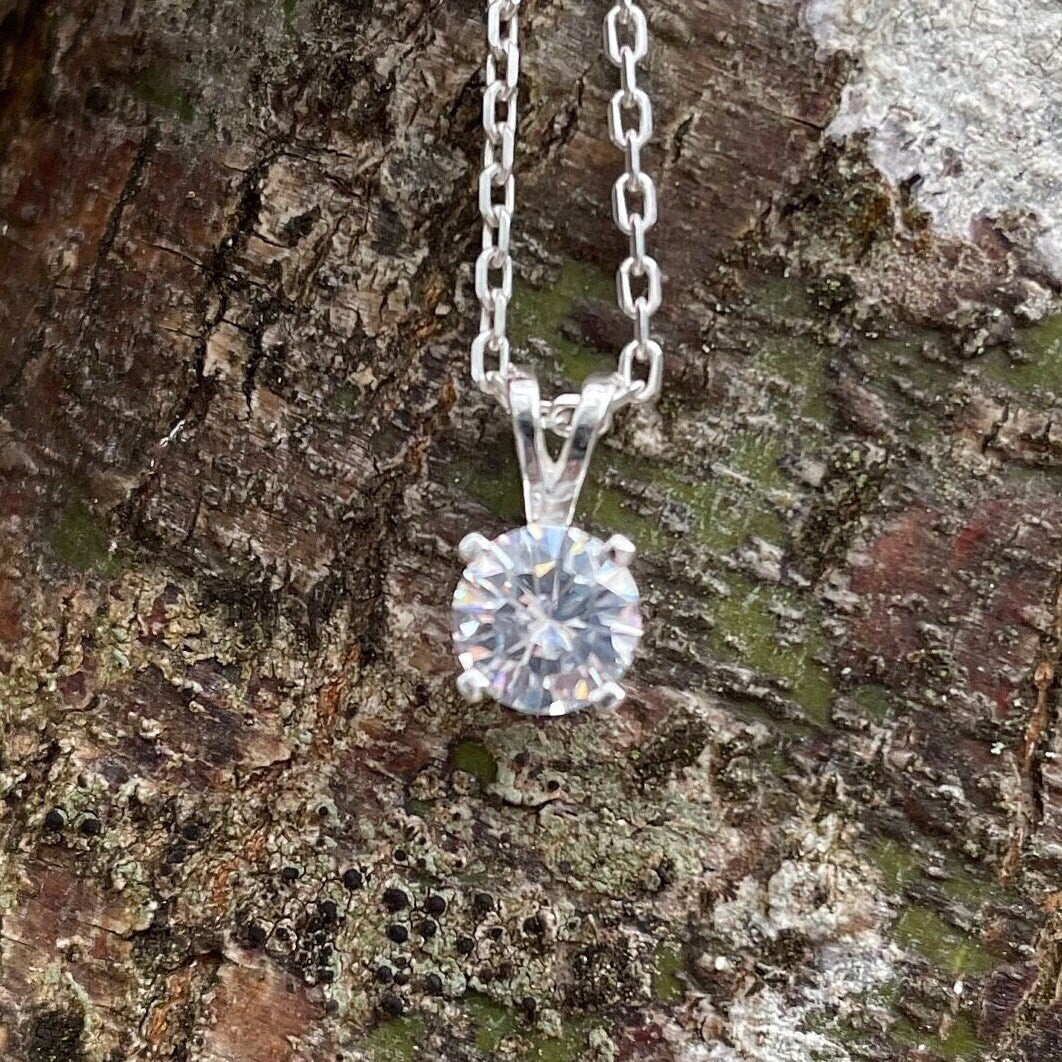 Cubic Zirconia Necklace - April Birthstone - Crystal Clear Gemstone Necklace - Sterling Silver 6mm Round Cubic Zirconia CZ Pendant