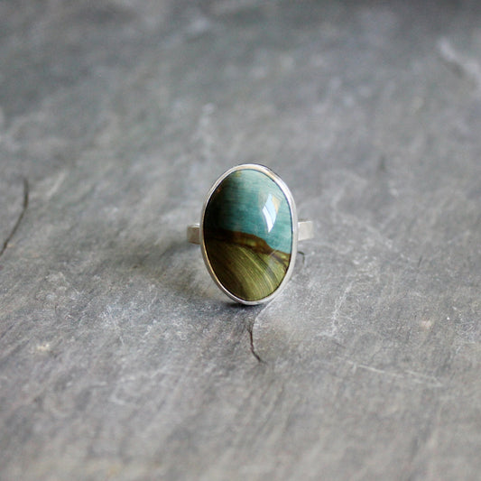a green and brown oval Gary Green Jasper or Petrified bogwood cabochon set in a fine and sterling silver setting on a sturdy silver band.
