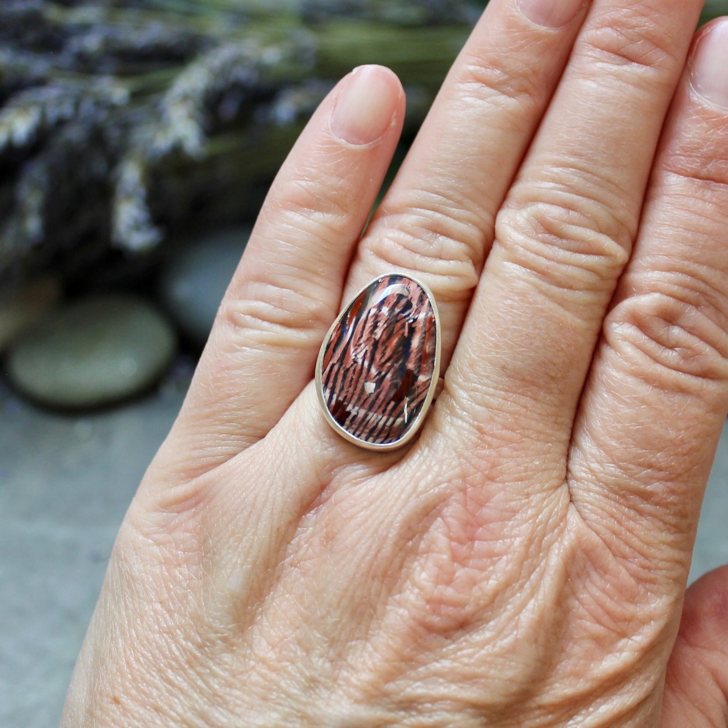 Red Howardite and Lapis Doublet Statement Ring - AccentYourself