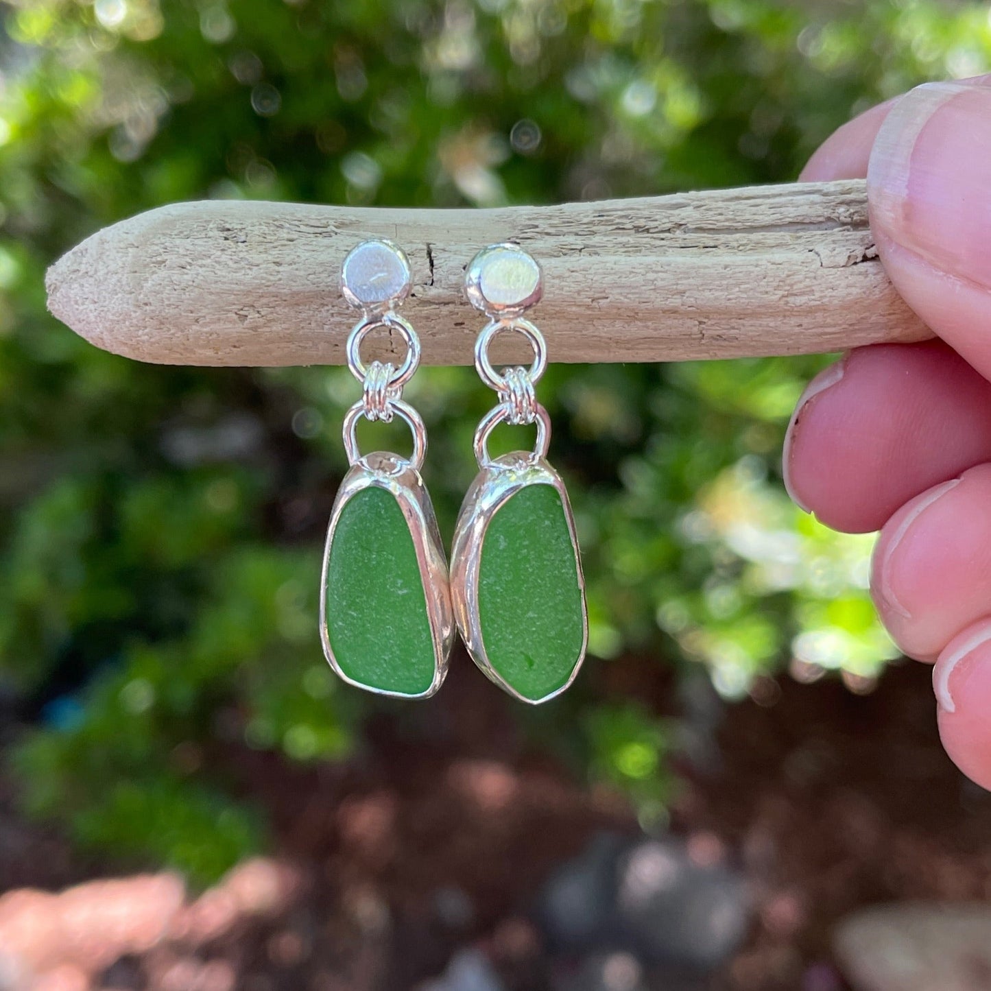 Bright Green Sea Glass Earrings