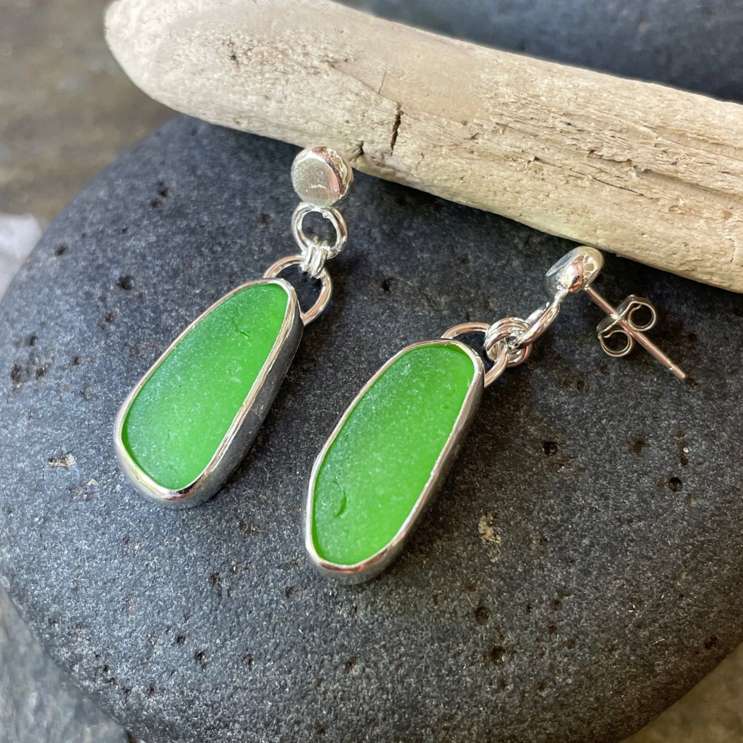 Bright Green Sea Glass Earrings