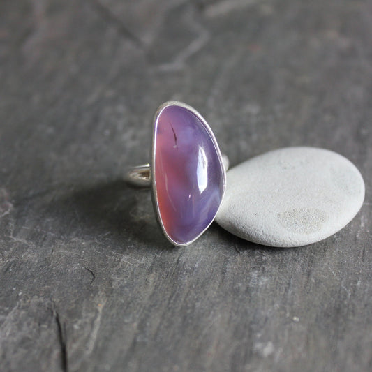Handmade sterling silver Holley Blue agate statement ring that has a purplish blue gemstone from Holley, Oregon.  Size 5