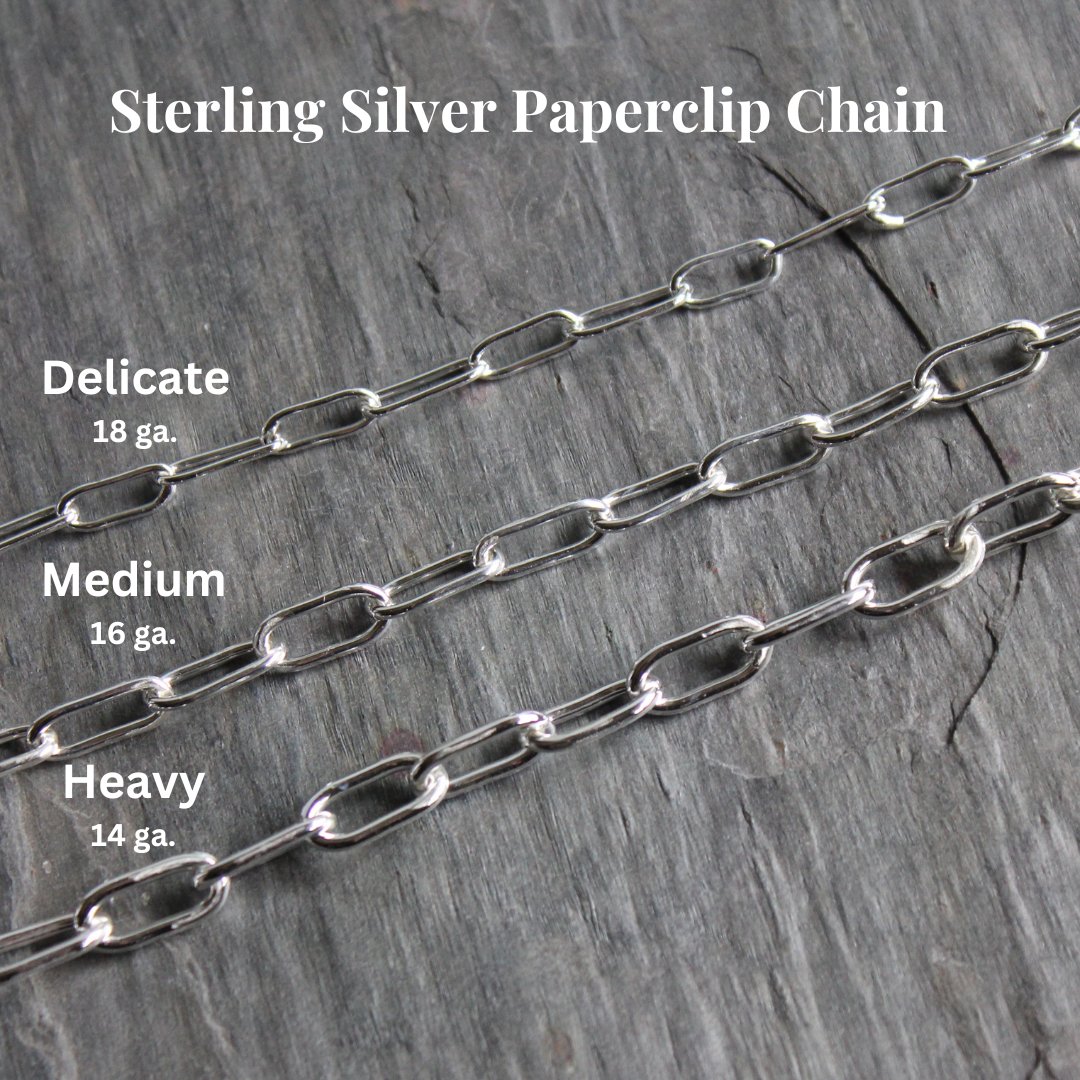 A size guide for handmade sterling silver oval link chains made in three different gauges of wire