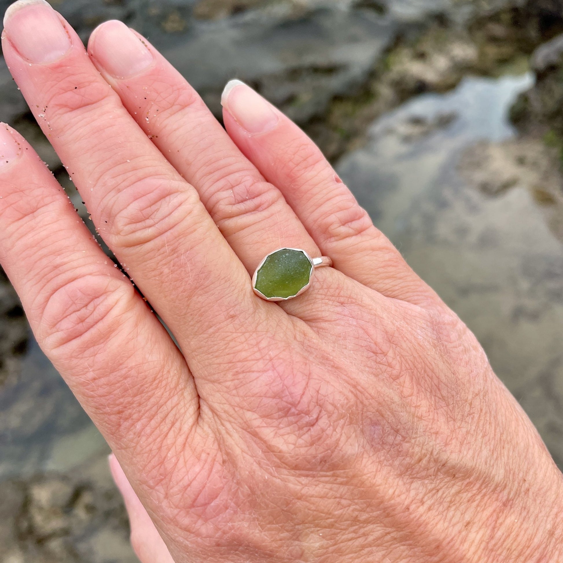 Olive Green Sea Glass Ring - AccentYourself