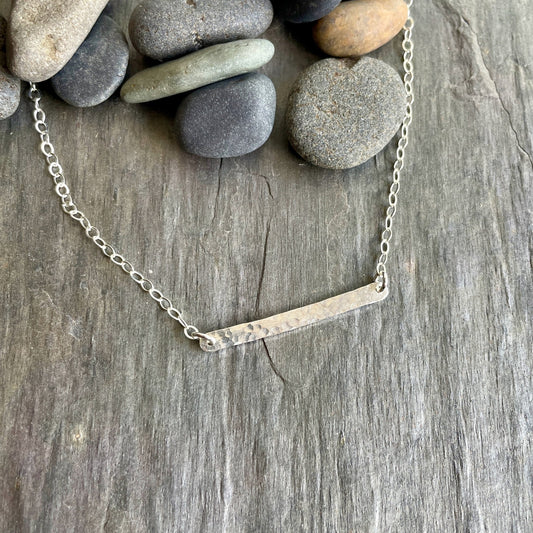Sterling Silver Horizontal Hammered Bar Necklace - AccentYourself