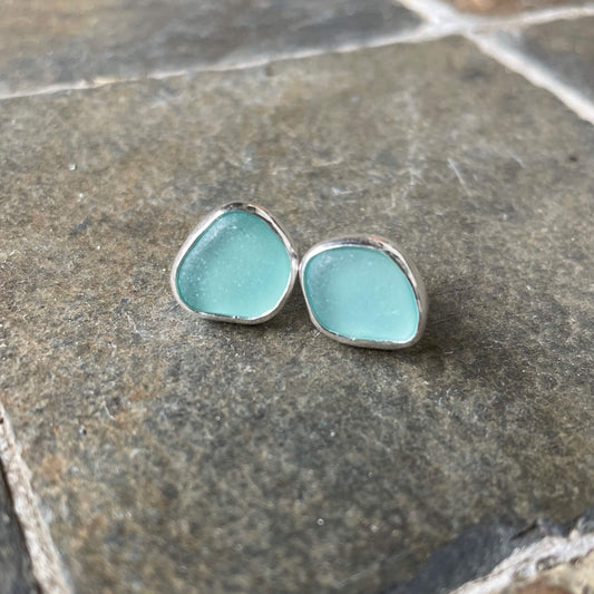 Sterling Silver Turquoise Sea Glass Earrings on Posts - AccentYourself