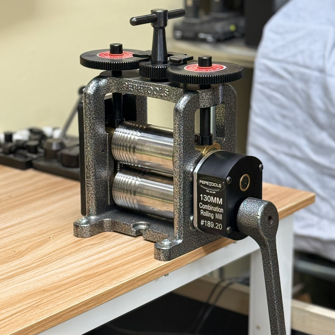 PepeTools 130mm rolling mill on the jewelry workbench in the Accent Yourself studio