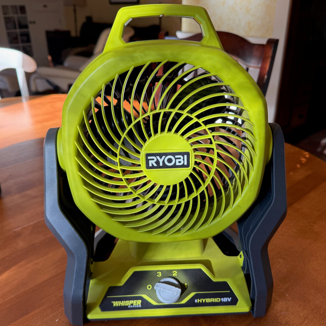 A Ryobi battery-powered fan that is essential on hot days at outdoor markets
