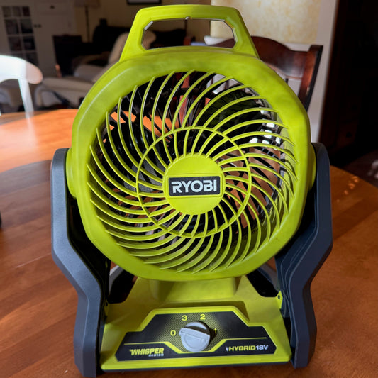 A Ryobi battery-powered fan that is essential on hot days at outdoor markets