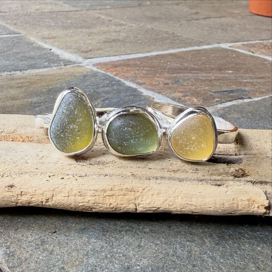 Autumn-colored sea glass rings ready for the Corvallis Fall Festival.