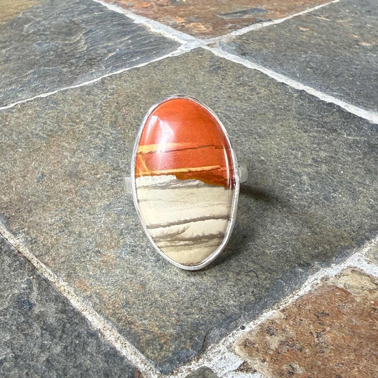 Oregon Landscape Jasper statement ring in sterling silver, size 9¾ — orange and gray patterned oval cabochon in hammered silver bezel, handmade by Will Macy"