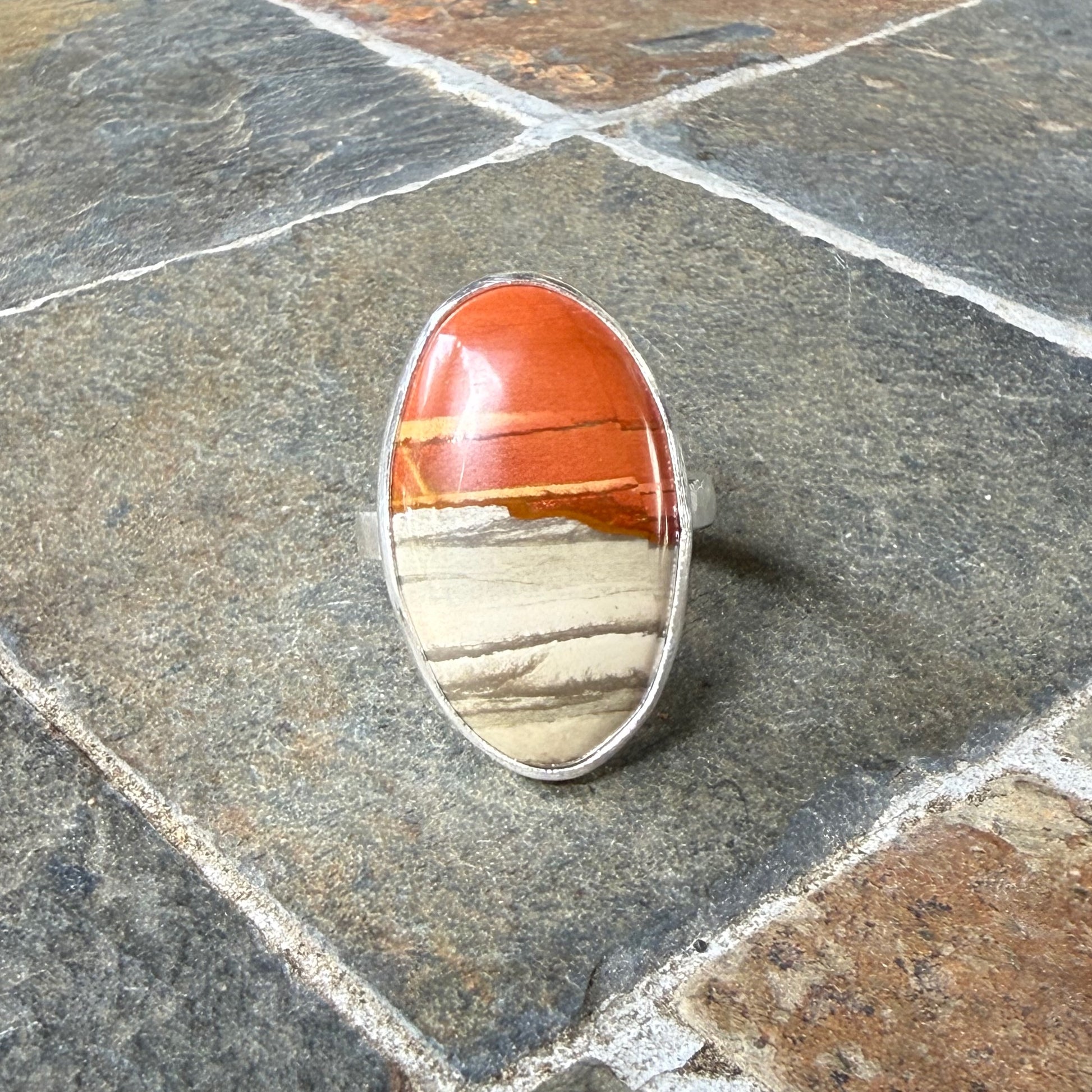 Oregon Landscape Jasper statement ring in sterling silver, size 9¾ — orange and gray patterned oval cabochon in hammered silver bezel, handmade by Will Macy"