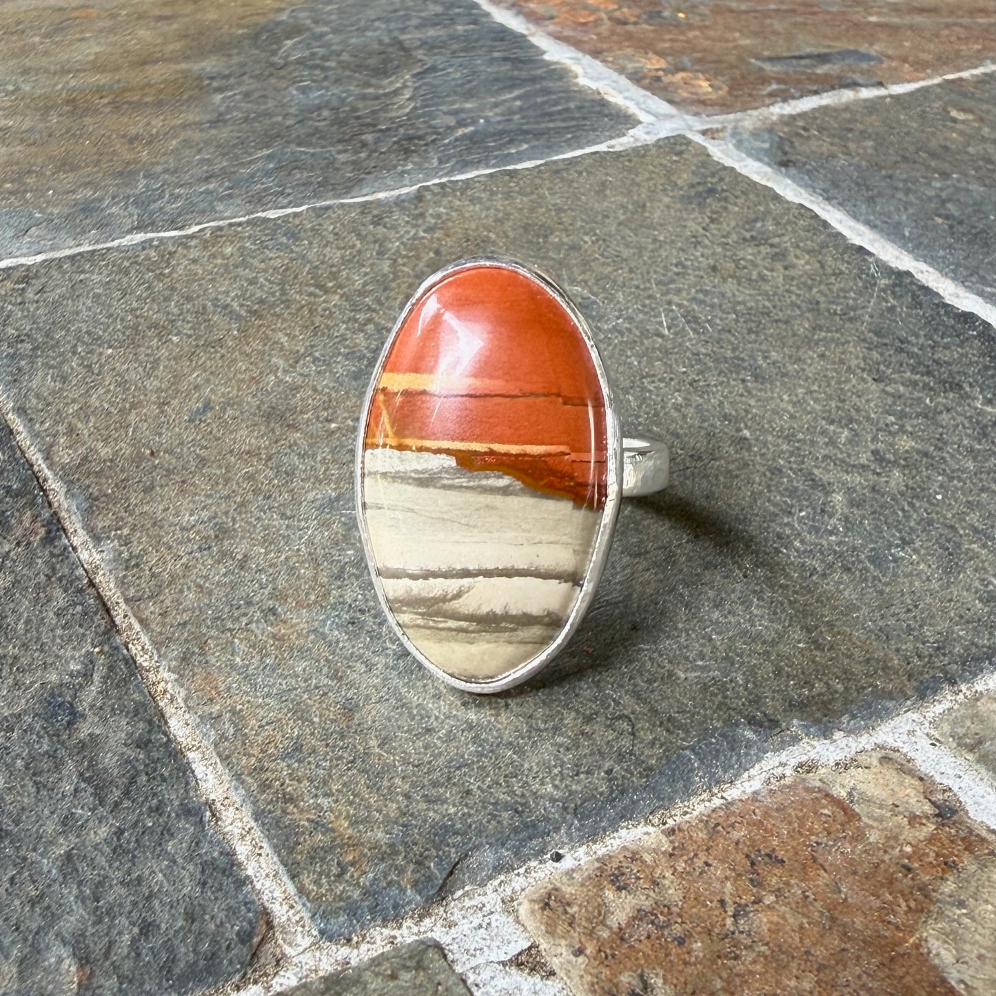 Oregon Landscape Jasper statement ring in sterling silver, size 9¾ — orange and gray patterned oval cabochon in hammered silver bezel, handmade by Will Macy"